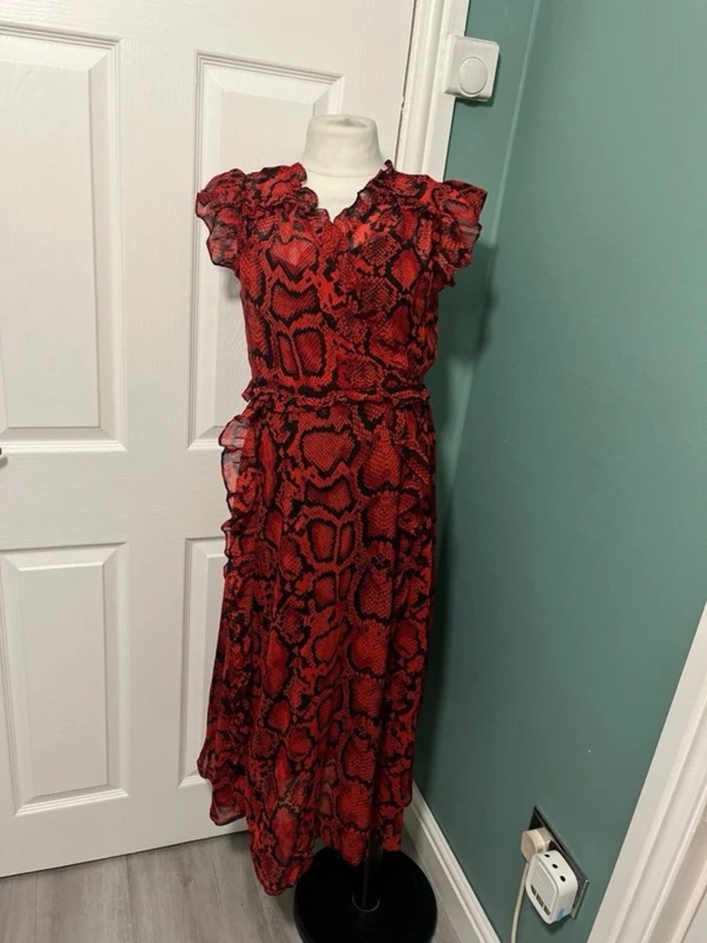 Red Snake Print Maxi Dress with Ruffle Cap Sleeves
